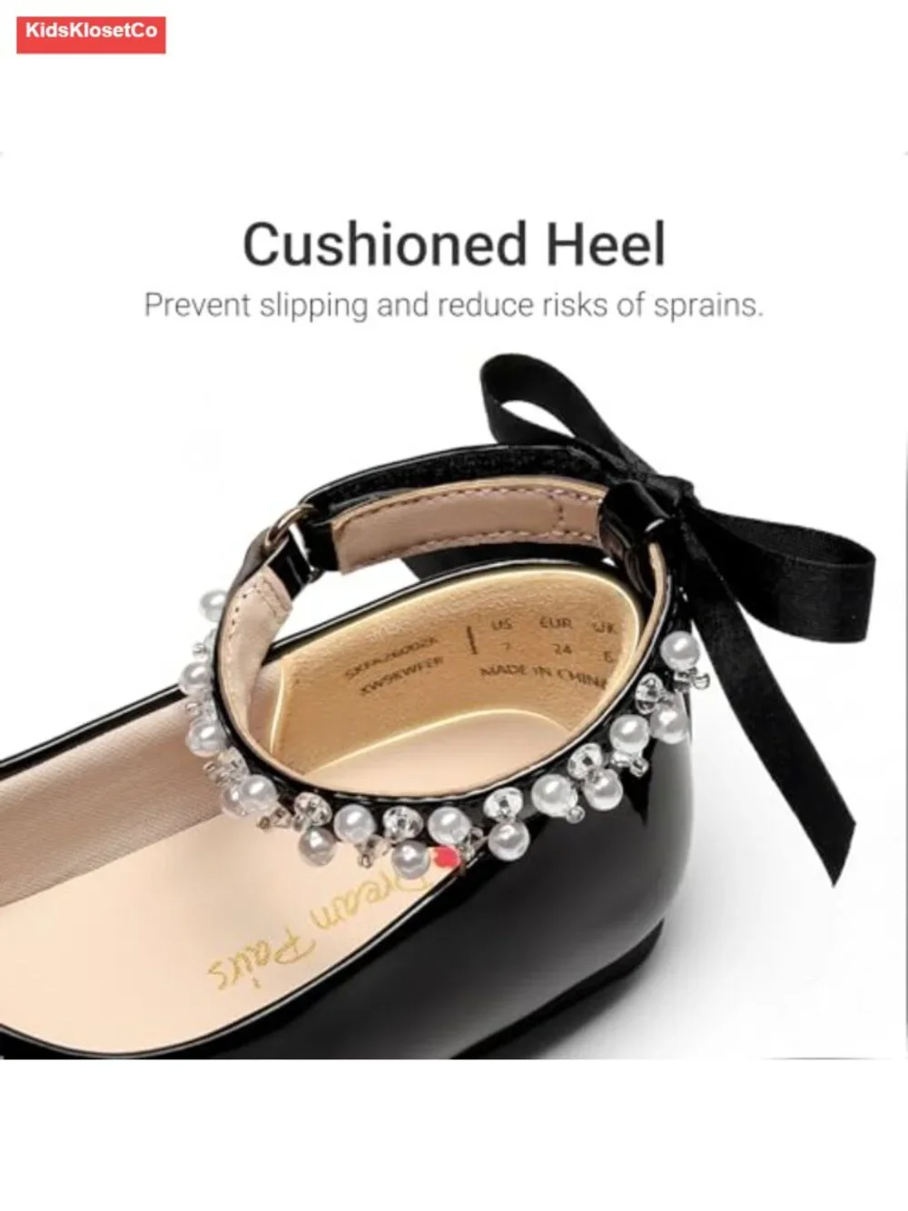 Toddler Girls Mary Jane Ballet Flat Shoes with Pearl Ankle Strap & Satin Bow